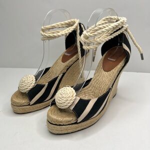 KATE SPADE Black & Cream Ankle Wrap Espadrille Peep Toe Rosette Wedges Size 10